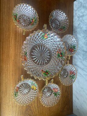 Vintage 7pc Pressed Glass Fruit Bowl Set w/ Large Serving Bowl